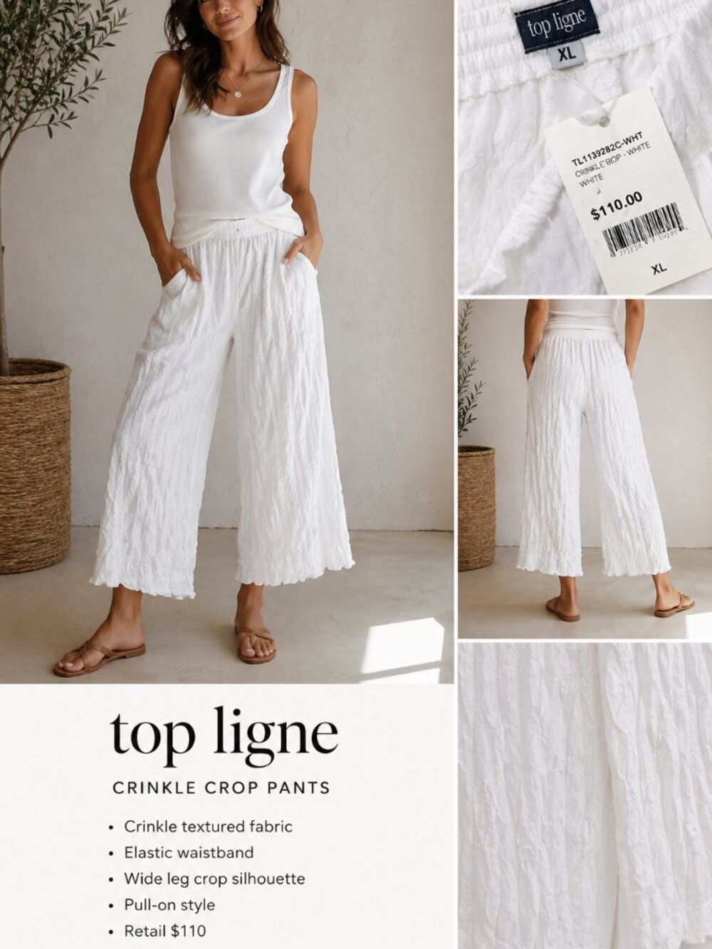 Top Ligne Crinkle Crop Pants White XL Wide Leg Elastic Waist NWT $110